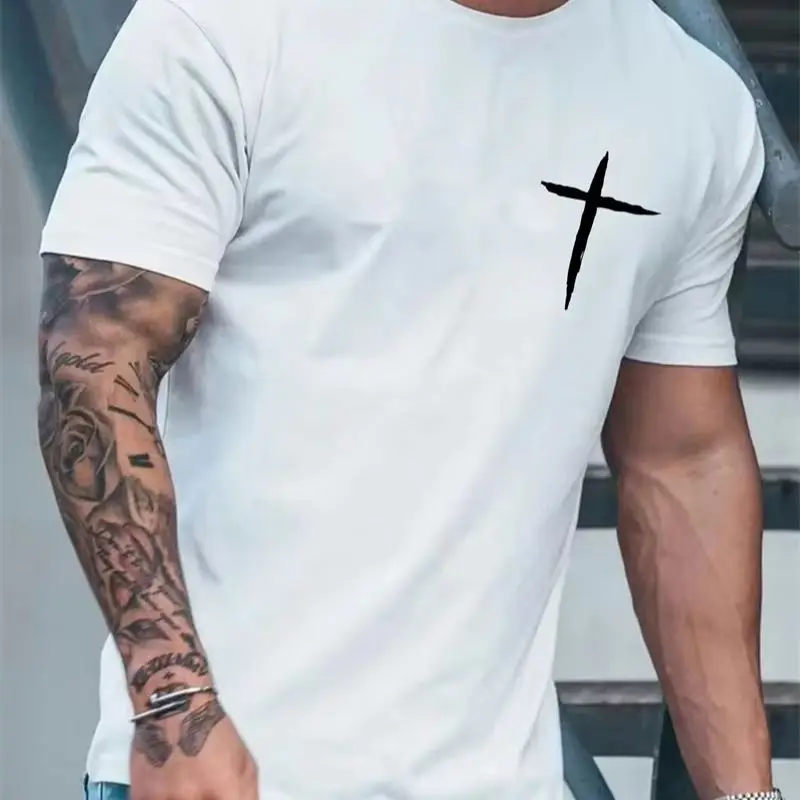 Crucifix Pattern Print, Versatile Style.short-sleeved Round-neck T-shirt  Unisex Tops 100% Pure Cotton
