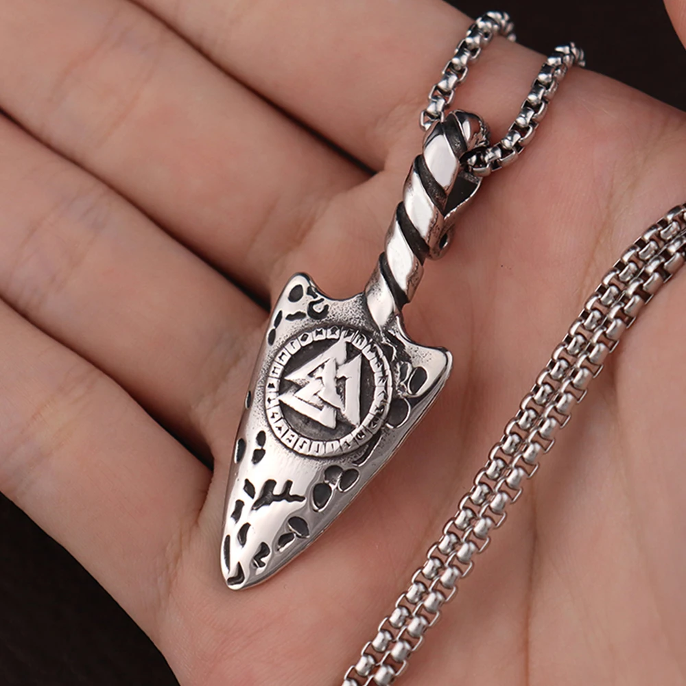 Stainless Steel Retro Viking Nordic Valknut Spear Pendant Classic Scandinavian Amulet Necklace Jewelry Accessories Dropshipping