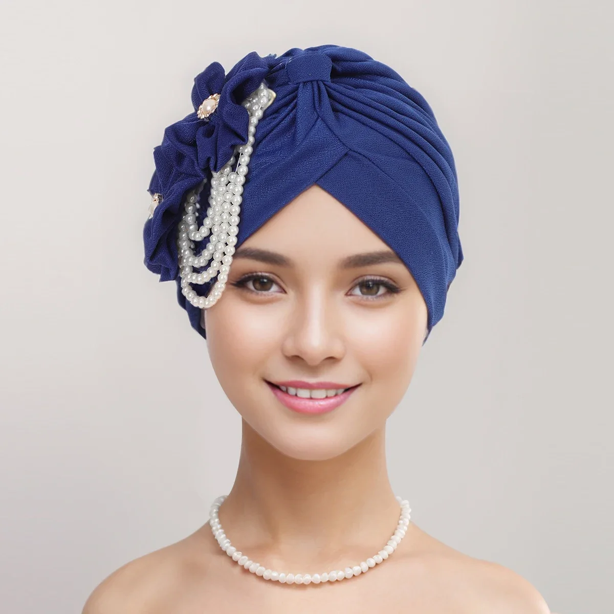 Flower Design Female Head Wraps Muslim Headscarf Bonnet Hairloss Hat Cover Pearls Beading Turban Cap for Women