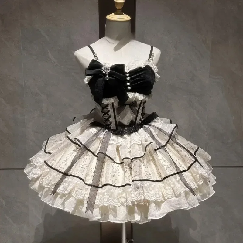 

Sweet Lolita Black Dress Women Casual Y2k Clothing Japanese Kawaii Dress Evening Party Clothing Vintage Chic Outwear Summer Girl