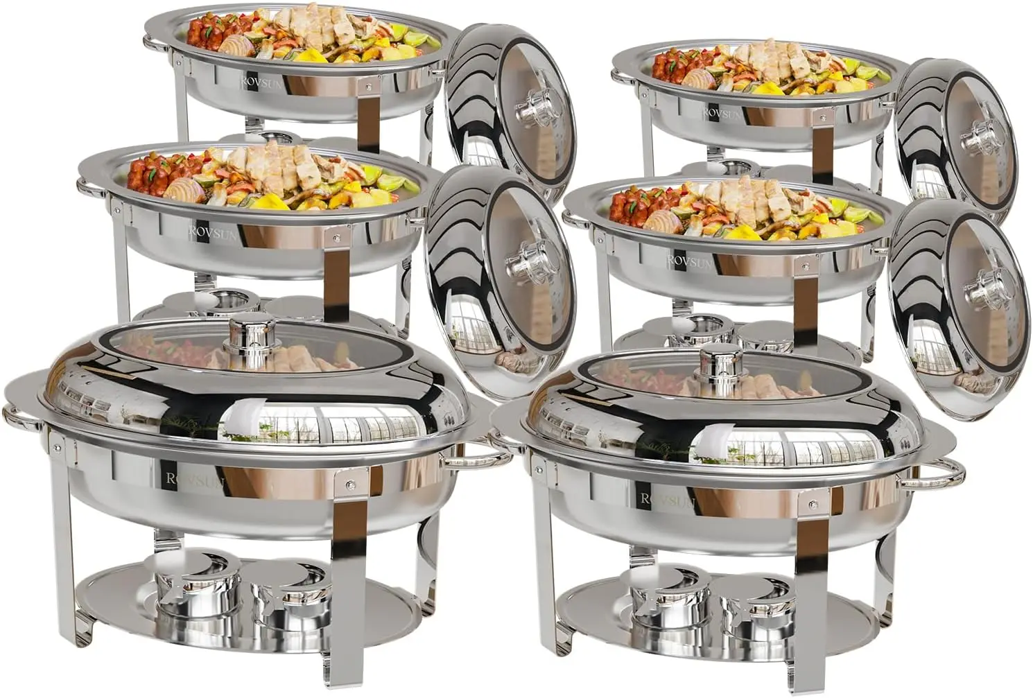 ROVSUN 6-pack ovale komfoor voor buffet, 6QT roestvrijstalen komfoorbuffetset met glazen deksel, chafers en buffetwarme