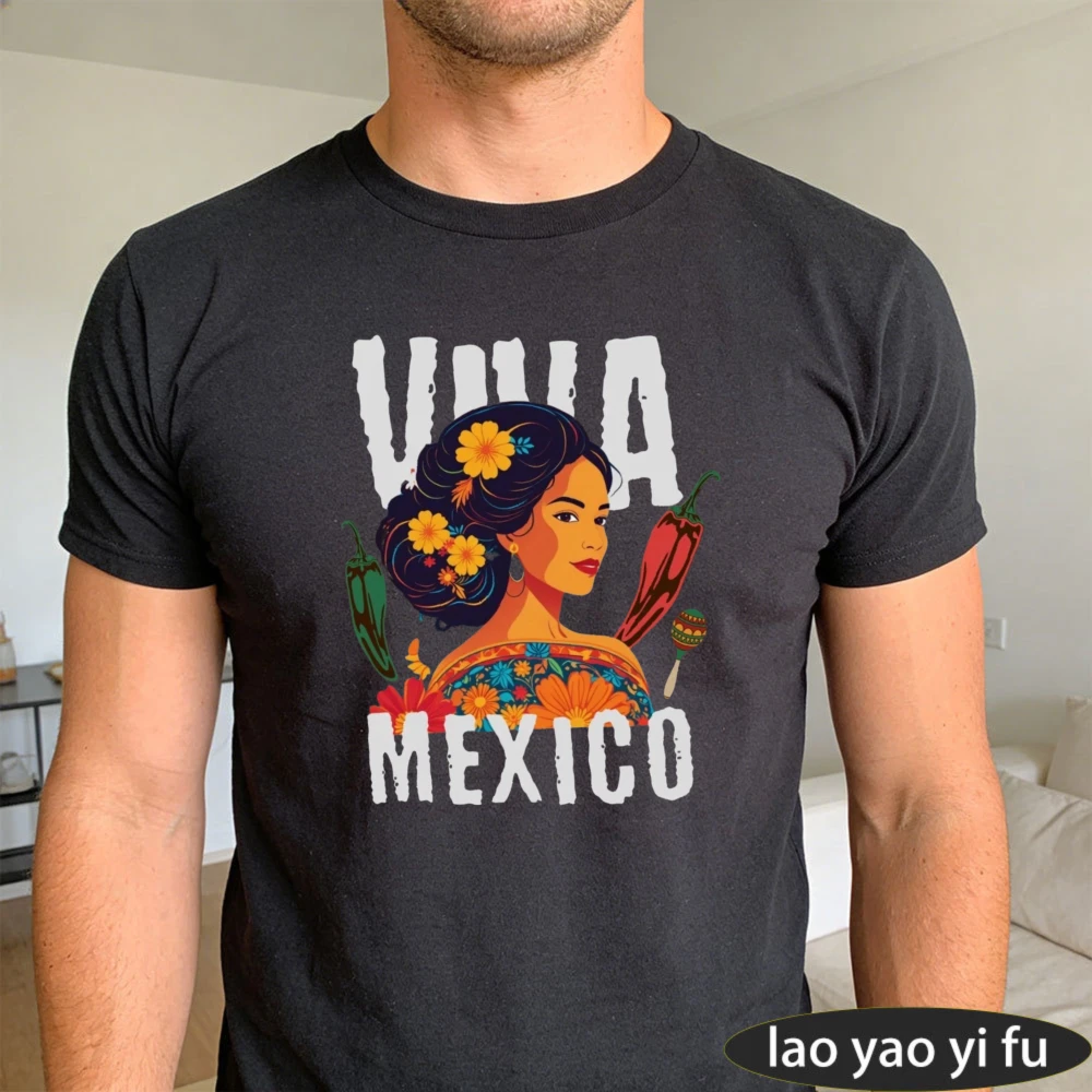 

Viva México Mexican Independence Day T-Shirt Short Sleeved Hispanic Heritage Month Gift México Girl Graphic Men's Clothing