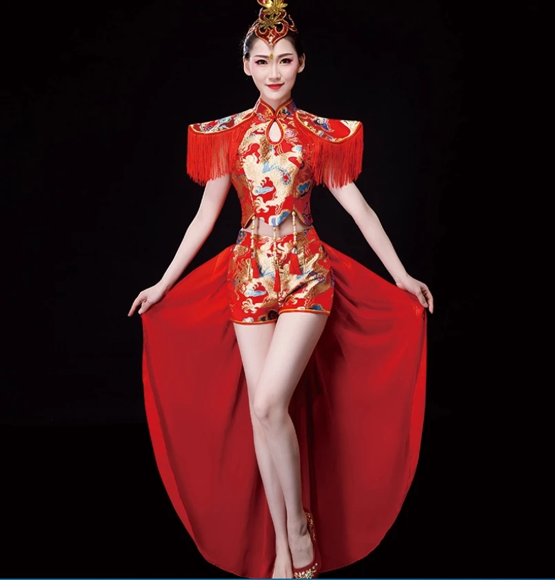 New Chinese style ethnic dance performance costume for drumming, modern cheongsam, fan dance, water drum, opening for adults
