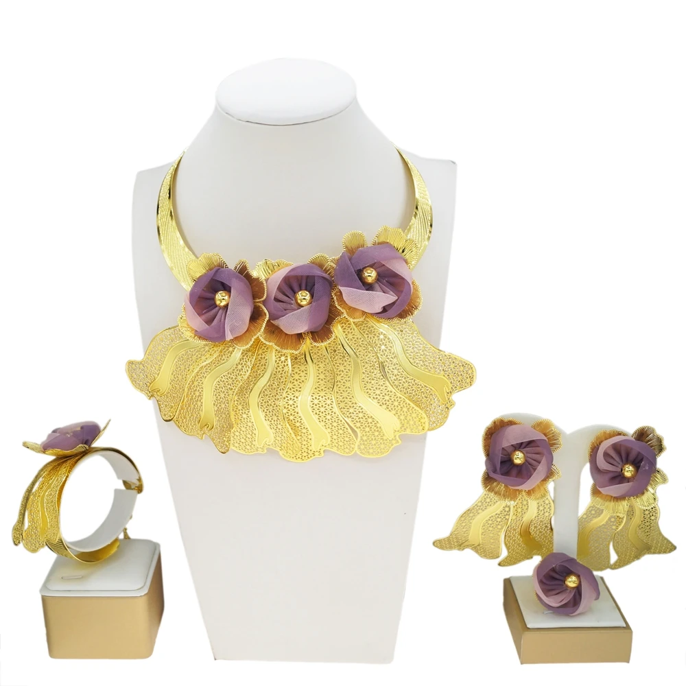 Women Elegant Purple Fabric Flower Jewelry Set 4Pcs Gold Plated Statement Necklace Bracelet Ring & Matching Earrings for Party