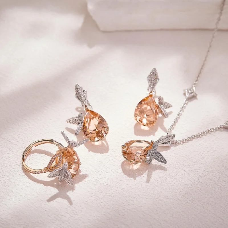 ヨーロッパアメリカスタイルネックレスイヤリングリングインレイキュービックジルコンアンバーしずく型鳥ペンダントパーティージュエリーセット