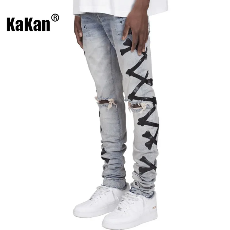 Kakan - New Men's Perforated Printed Jeans, Y2k High-quality Stretch Printed Bone Long Jeans From Jeans Man Brand