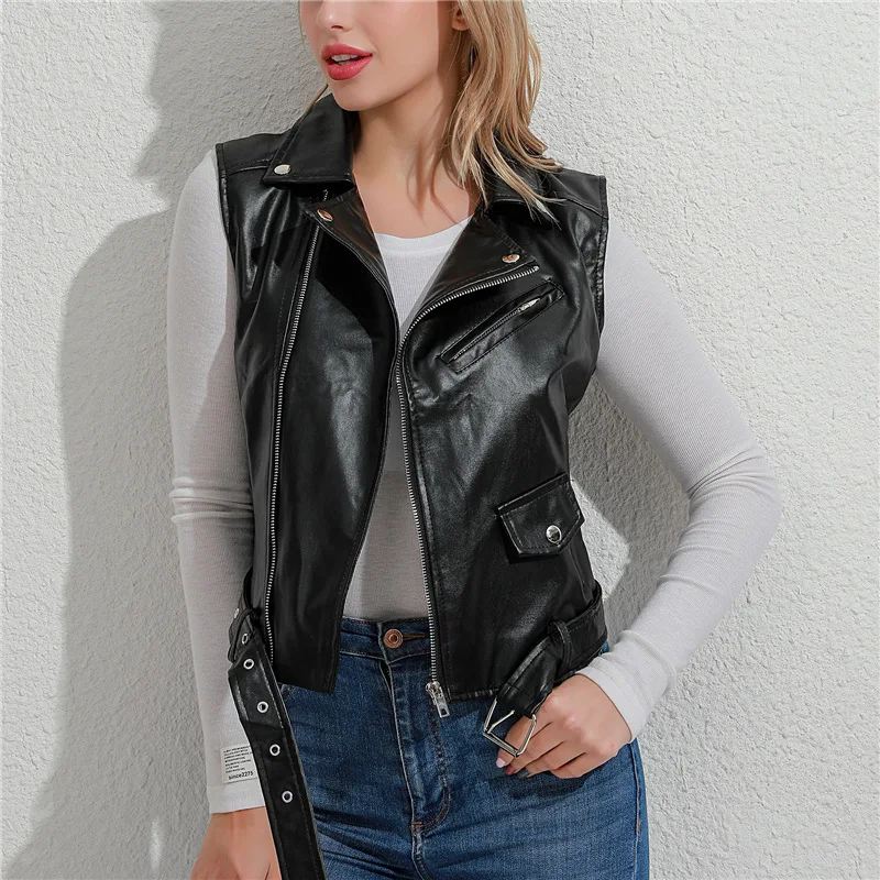 New In Outerwears Spring Autumn Leather Vest for Women Fashion Vintage Sleeveless PU Streetwear Causal Jacket Top Belt Vest Coat