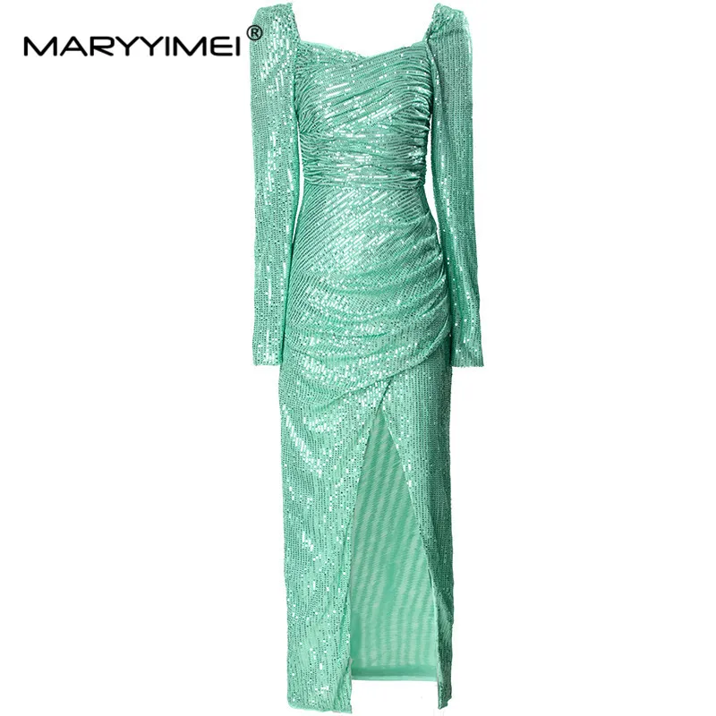 

MARYYIMEI Fashion Design Autumn Women's Dress Square-Neck Long-Sleeved Sequins Slim Elegant Gorgeous Evening Dresses