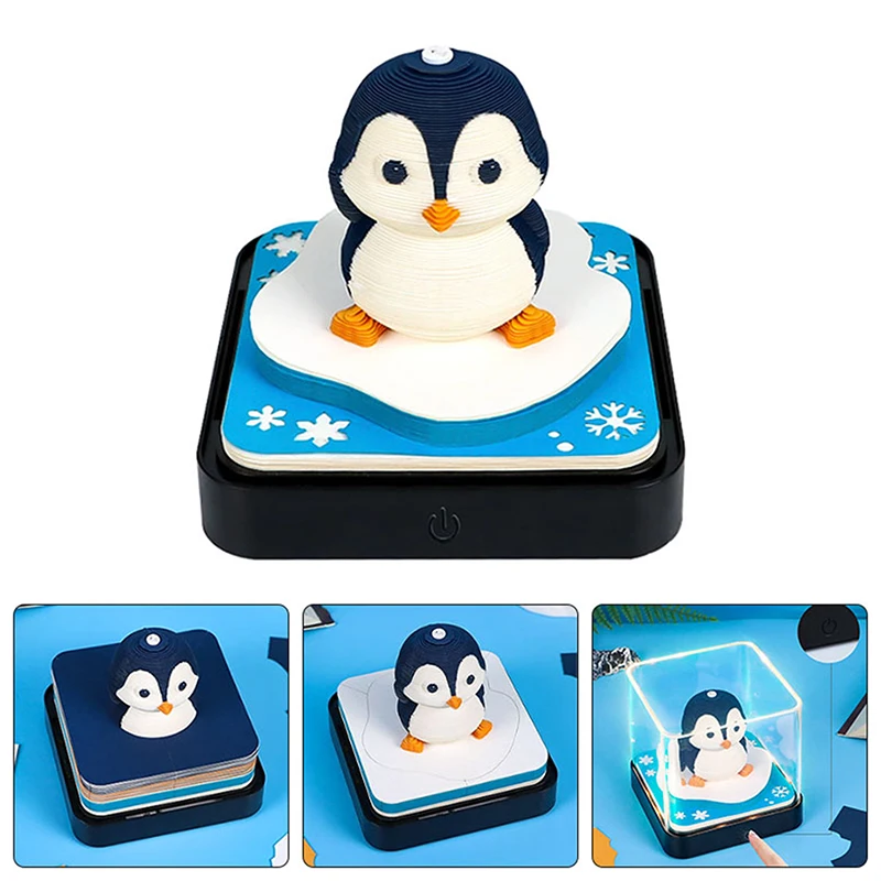 2026 أجندة مكتبية /رزنامة مكتبية مع مصباح ليد البطريق النحت ثلاثية الأبعاد المسيل للدموع التقويم ورقة نحت المفكرة هدية ديكور المنزل سطح المكتب