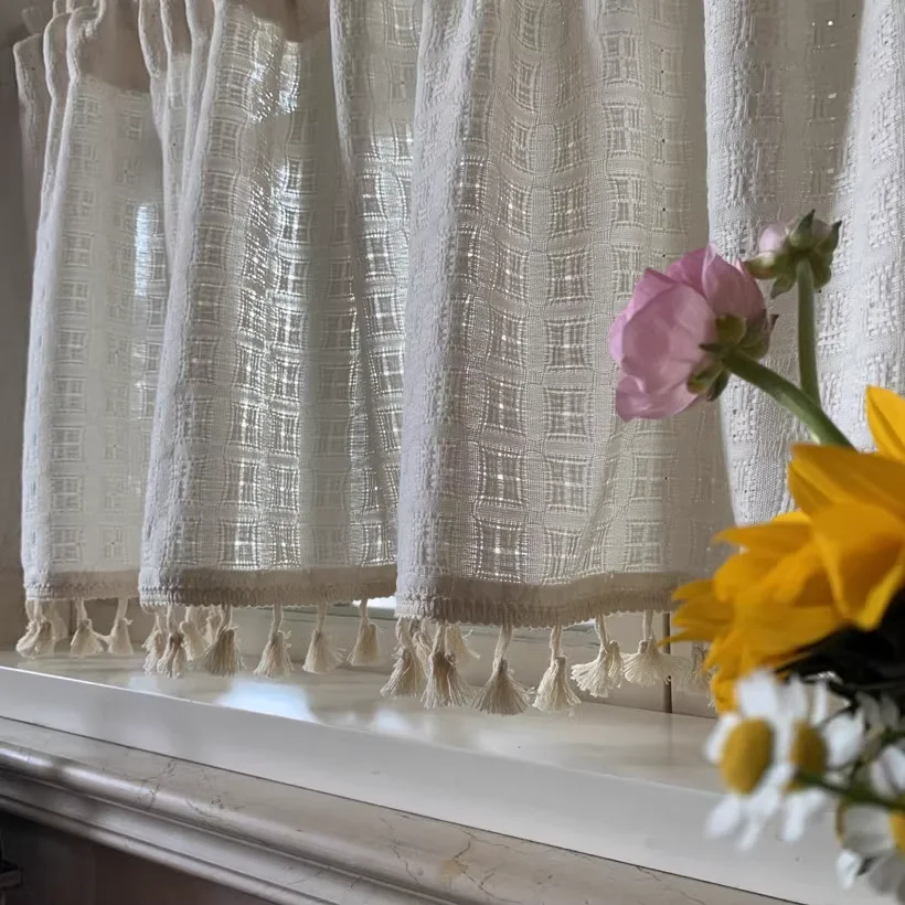 American lattice cotton short curtain Bookcase cabinet curtains coffee door curtain Yoga Room cotton linen tassel curtain