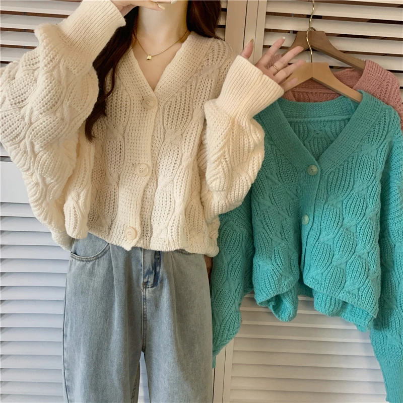 Retro Japanese Solid Color V-neck Sweater Women's Autumn, Winter, Spring, New Loose Little Man Cropped Knitted Cardigan Jacket