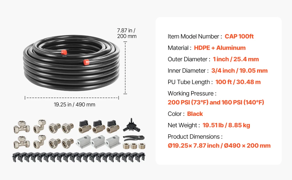 VEVOR Air Compressor Line Kit 100FT/200FT HDPE-Aluminum Compressed Air Piping System Air Line Tubing Kit for Garages Workshop