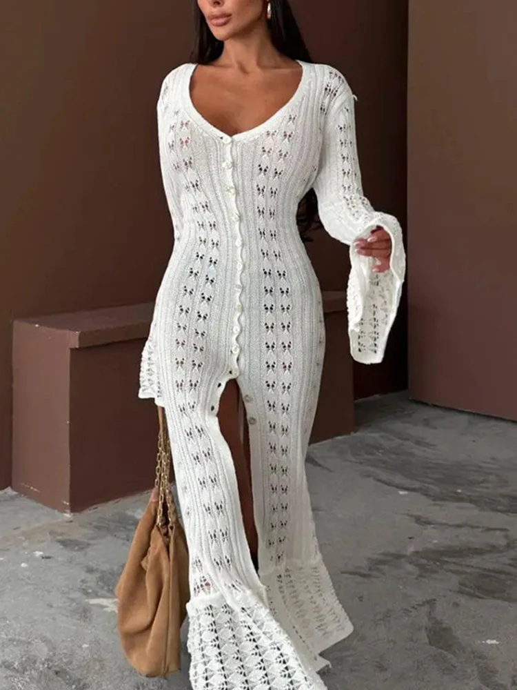 Women's Beach Boho Cover Up Long Dress 2025 Sexy V Neck Flare Sleeve Split Hollow Out Knitted Maxi Dress Holiday Party Vestidos