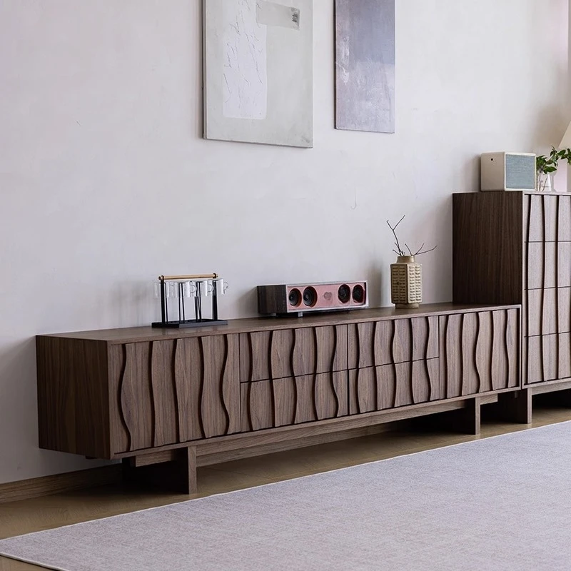 Meuble TV médiéval en noyer noir, meuble tout du sol au plafond en bois massif, meuble latéral moderne et simple pour petit appartement pour vivre