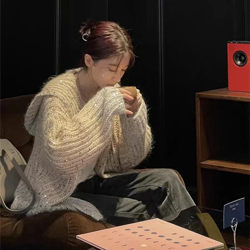 MEXZT-cárdigan de punto con capucha para mujer, suéter de lentejuelas, abrigo, ropa de calle de gran tamaño, prendas de punto coreanas, Tops holgados que combinan con todo