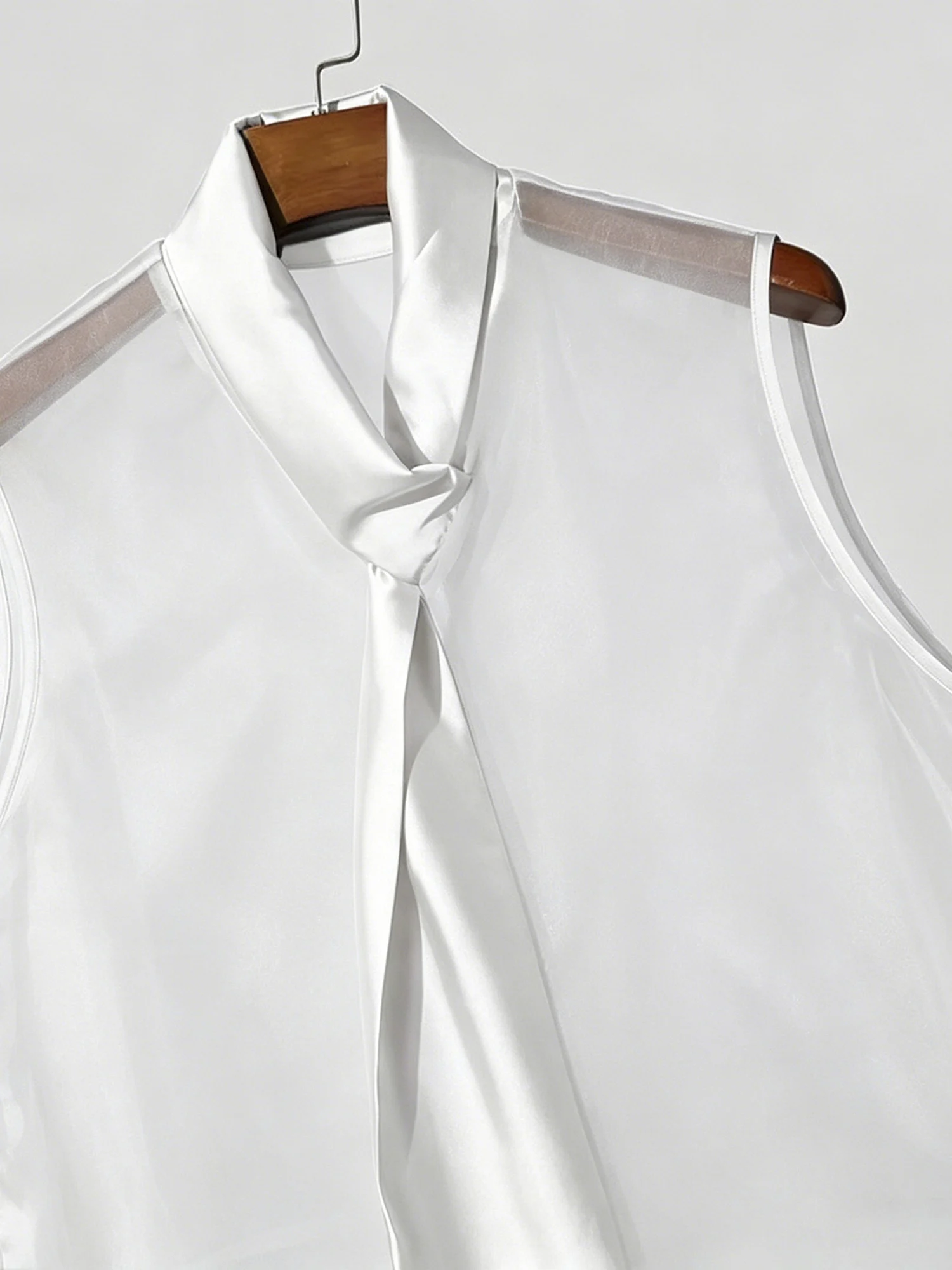 Men Sheer Mesh Tank Top Shirt Satin Tie Neck Sleeveless See Through Vest Singlet T-shirt Clubwear for Showing Muscle