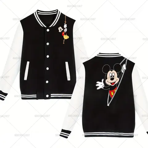 Pareja de Disney divertido Mickey Mouse hombres mujeres chaqueta de béisbol deportes Otoño Invierno abrigos clásicos polar cuello redondo ropa de calle sudaderas con capucha