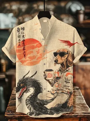 Men's short sleeved stand up collar shirt, Japanese retro art printed button up shirt, men's plus size linen shirt XS-5XL
