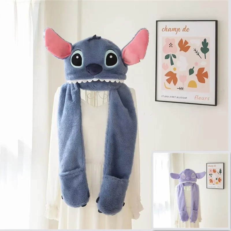 Disney Stitch Scarf Hat Gloves Three-in-one Winter Warm Comfortable Girly Cute Cartoon Scarf Gloves Three-piece Set Kawaii Gift