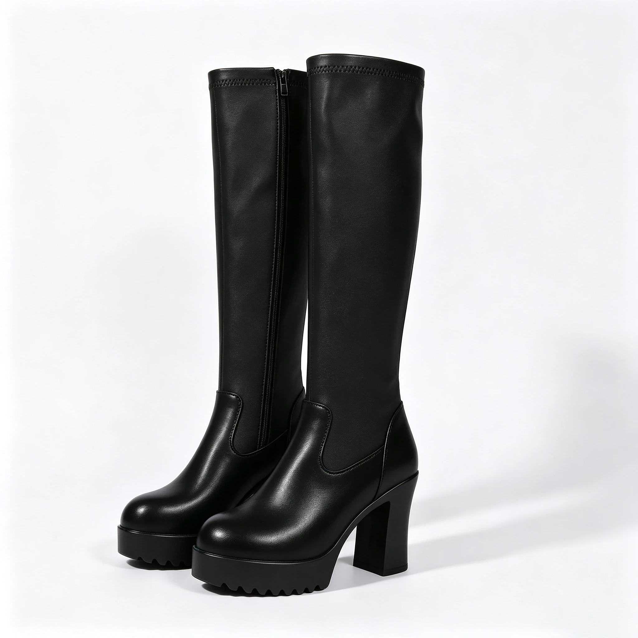 Women Knee High Boots Black Platform Chunky High Heel Side Zipper Round Toe Fashion Winter Long Boots for Women
