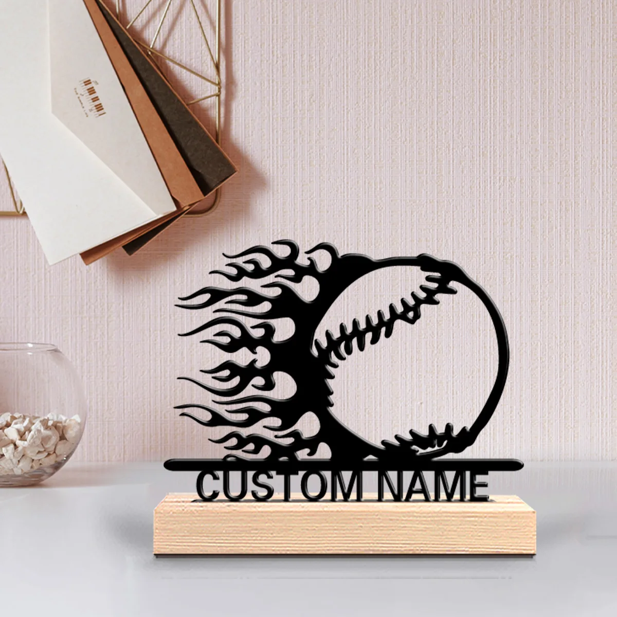 1pc Romantic Personalized Custom Baseball Metal Statues Symbolic desktop decoration with wooden base, gift, male theme, office