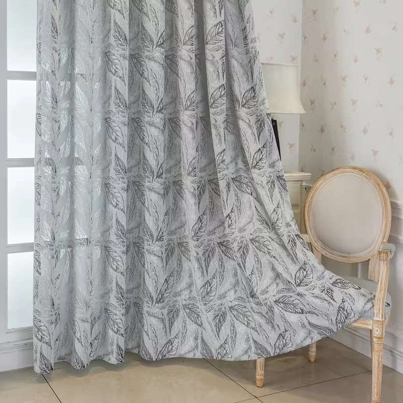 1pc Low-saturation Grey Botanical Print Curtain, Sketch Leaf Design, Luxury Blackout Curtain for Living Room