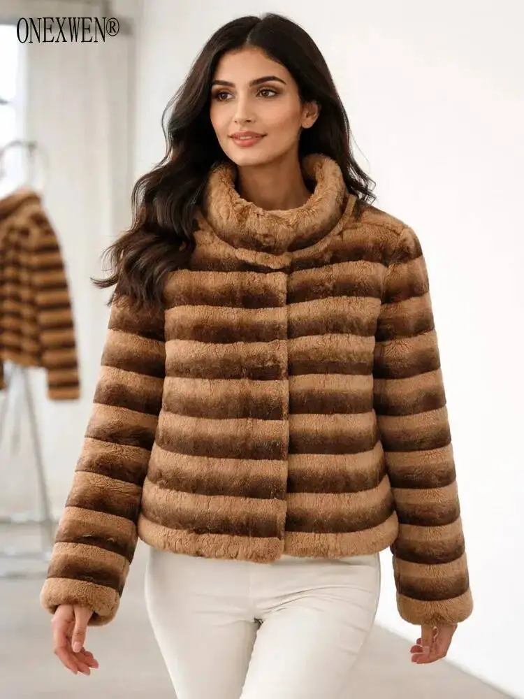 ONEXWEN Women's Gradient Brown Striped Faux Fur Coat Stand Collar Short Plush Jacket Winter Warm Outerwear ZM5373