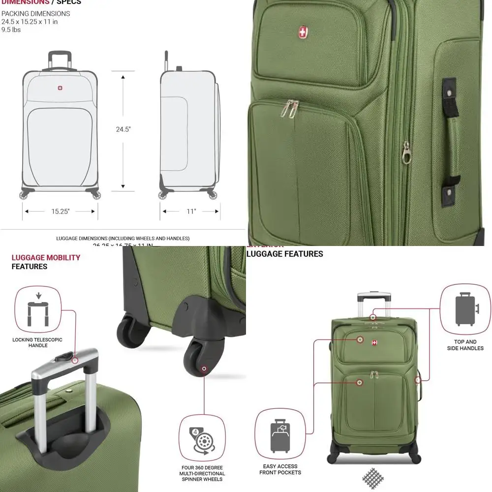 

Швейцарский расширяемый средний чемодан-спиннер SwissGear Sion, вечнозеленый