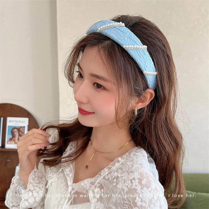 2022 New Gauze Pearl Flower Blue Face Wash Headband Retro Women\'s Fashion Hair Hoop Headband Wash Face Hair Accessories