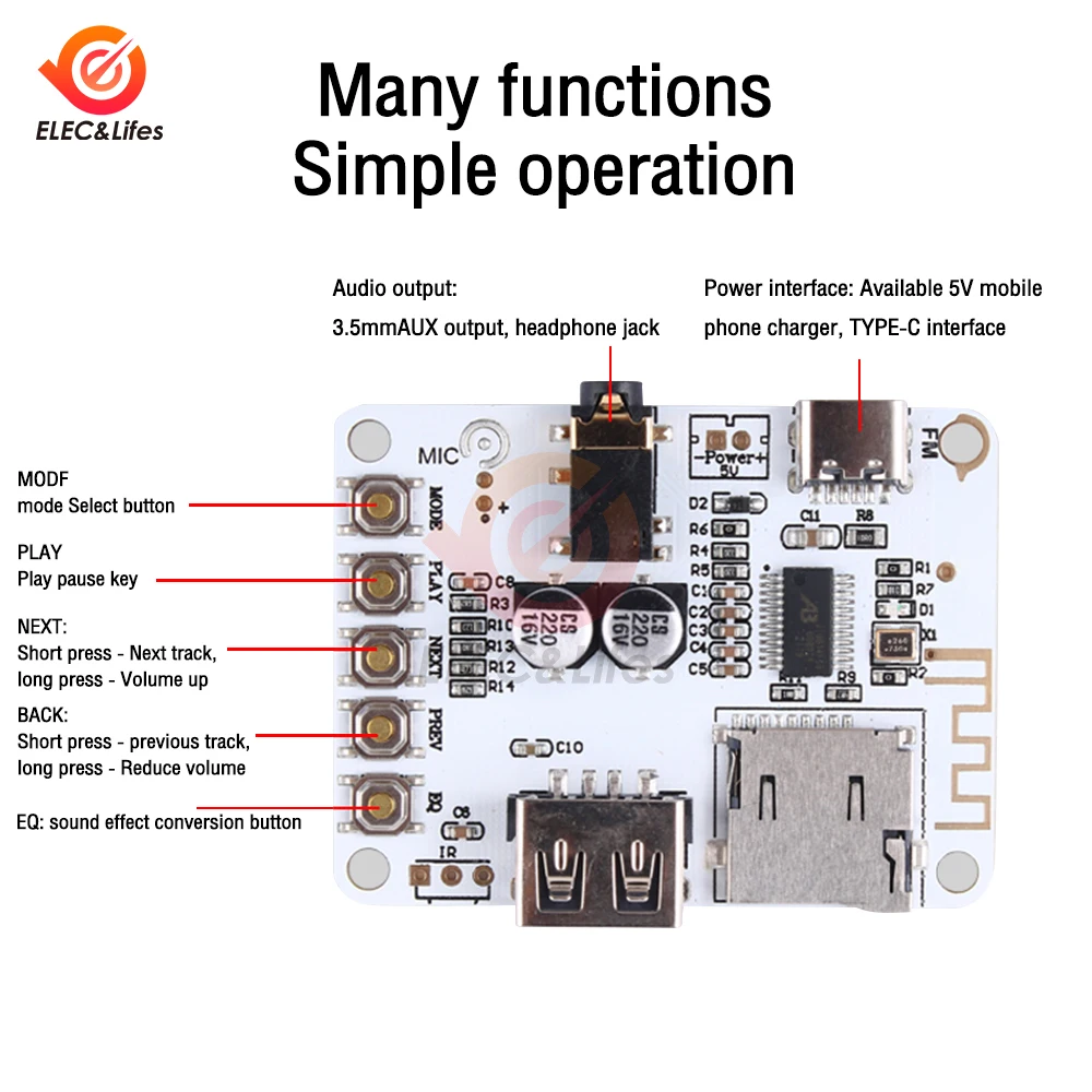 Type-c DC 5V moduł dekodujący Bluetooth 5.0 odtwarzacz Audio odbiornik USB poziom HIFI SBC AAC