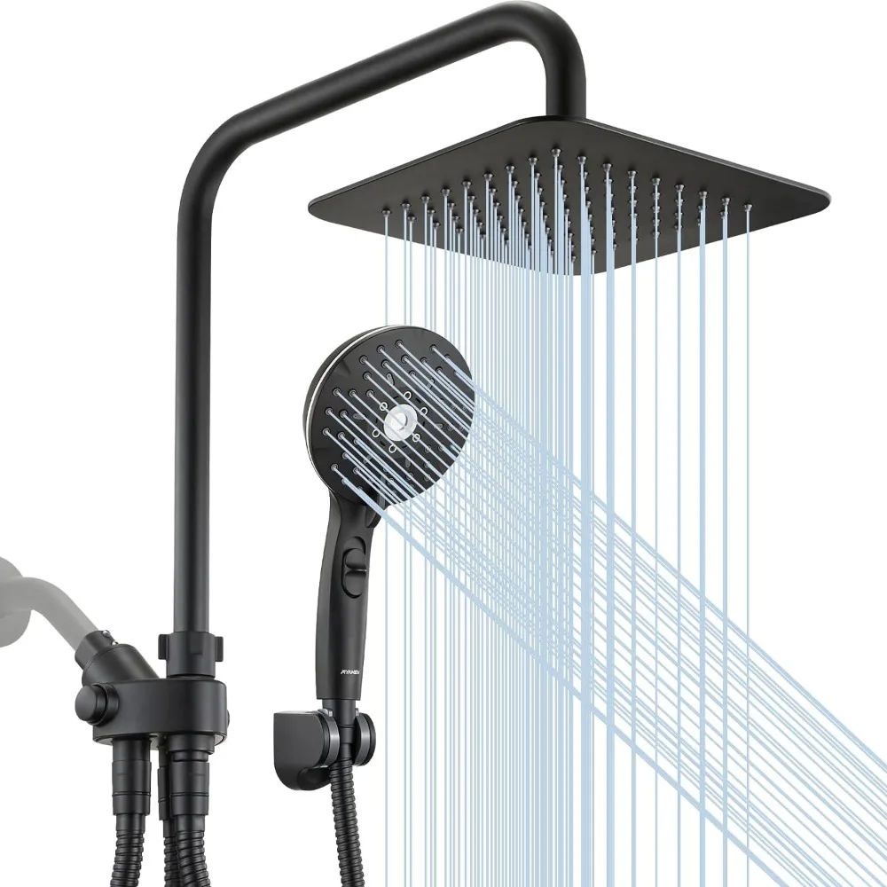 

Dual Shower Head Combo, Black 8'' High Pressure Rain/Rainfall Shower Head,5 Settings Adjustable Handheld Showers,Holder/59’‘Hose