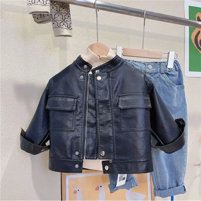 New 2024 Boys\' PU Leather Toddler Jacket Baby Boy Spring Autumn Infant Kids Girls Motorcycle Coat Korean Style Black Outerwear