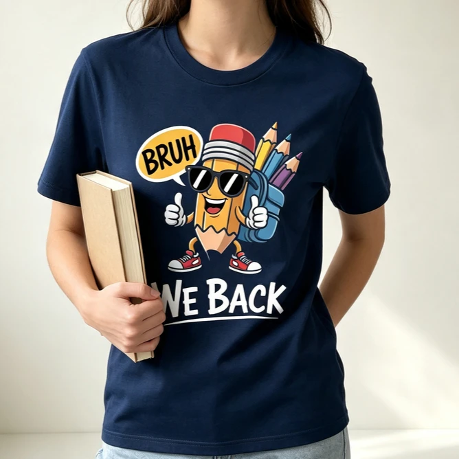 Bruh We Back T-Shirt Pencil Cartoon School Supply Print Funny Student Tee First Day of School Outfit Cute Back To School Y2k Top