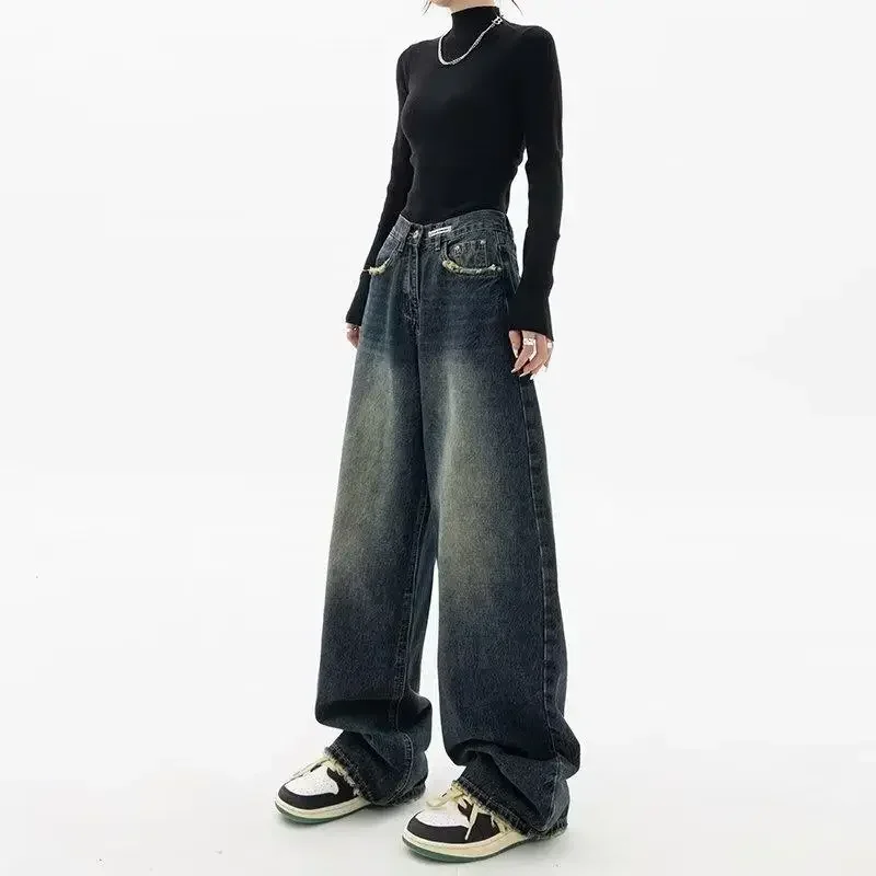 Women High Waist Jeans Loose Wide Leg Straight Loose Denim Trousers Y2K Baggy Pants Streetwear Retro Fashion Summer