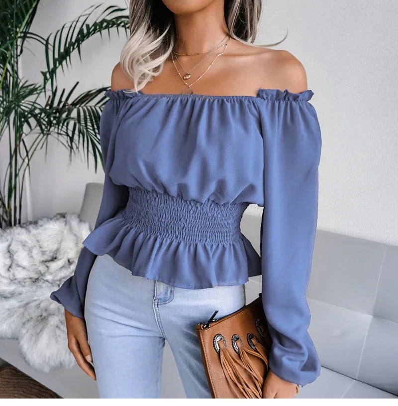 Fashion Woman Blouses Off Shoulder Ruffle Tunics Puff Sleeve Female Elegant Chiffon Shirt топ женский Ladies Tops Ropa Muje