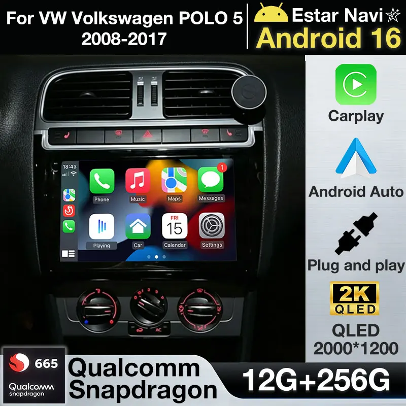 Radio Multimedia para Auto Android 16 para VW Volkswagen POLO 5 2008-2017 Vento, Carplay Inalámbrico, Estéreo para Auto, DSP 2Din, 4G WIFI, QLED