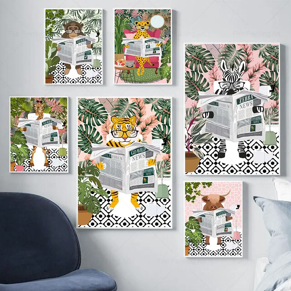 Lustiger Tierdruck, der Zeitung auf der Toilette liest, Tiger, Flamingo, Giraffe, Zebra in der Badewanne, tropische botanische Raumdekoration