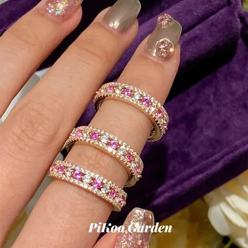 Sweet style copper plated material Hollow Full Circle Single Row Pink Crystal Shiny Engagement Ring Fashion Romantic Jewelry