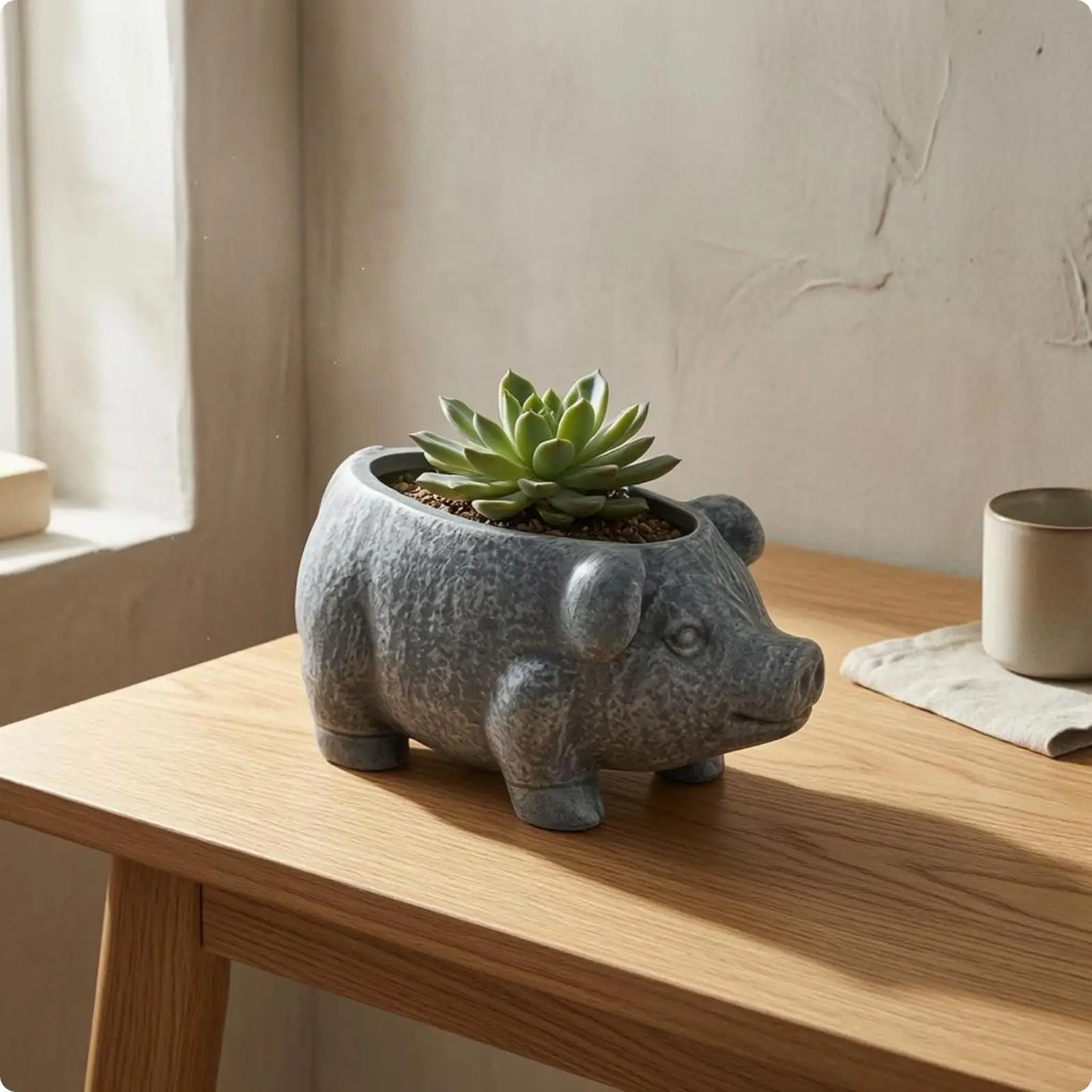 Piggy Succulent Planter Vintage Style Pig-Shaped Planter Mottled Gray