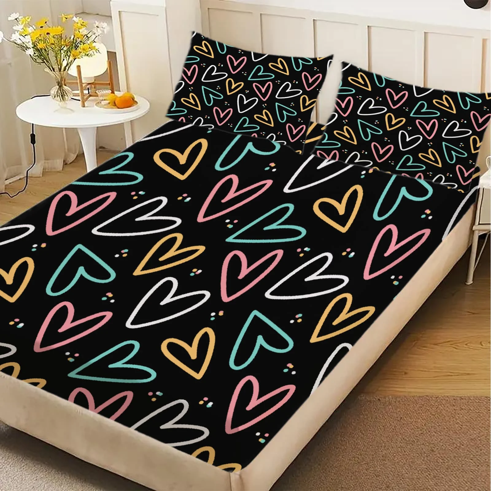 1-Pc Colorful Heart Doodle Bed Sheet -100% Polyester, Digital Print, Breathable All-Season Fitted Sheet and Pillowcase Set