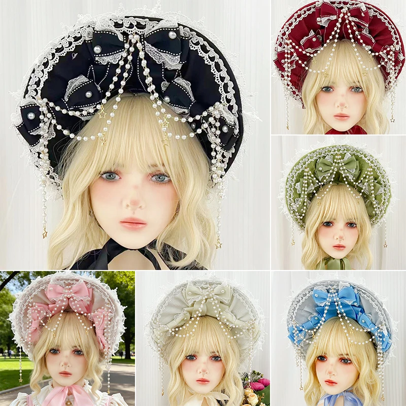 

Роскошная шляпа Лолита ручной работы с жемчугом и кружевом, с широкими полями, розовая, в европейском ретро-стиле, элегантная шляпа для чаепития