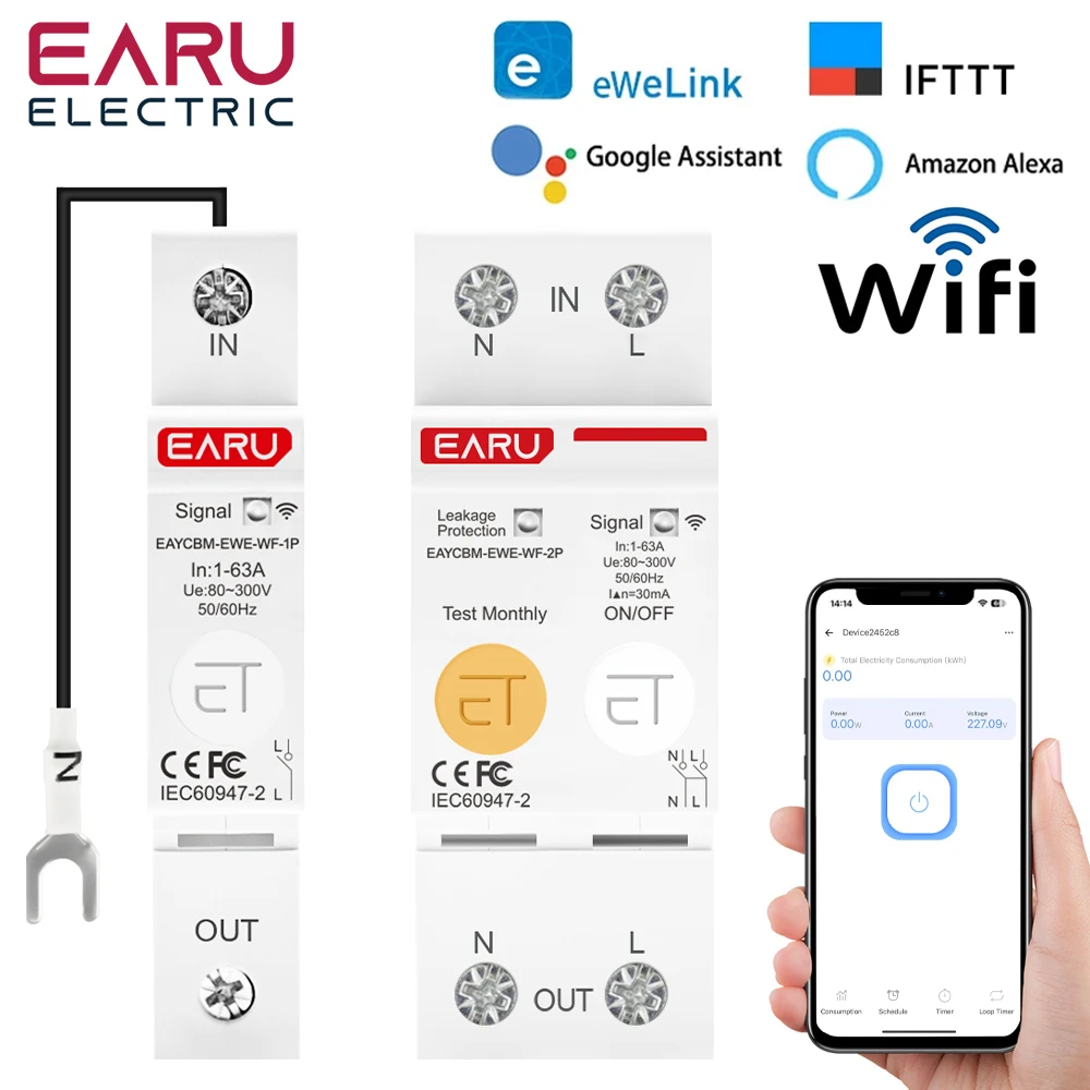 

1P 2P 63A eWeLink WiFi Smart Circuit Breaker MCB Switch Energy Metering Timer Relay kWh Voltage Current Protector Remote Contro