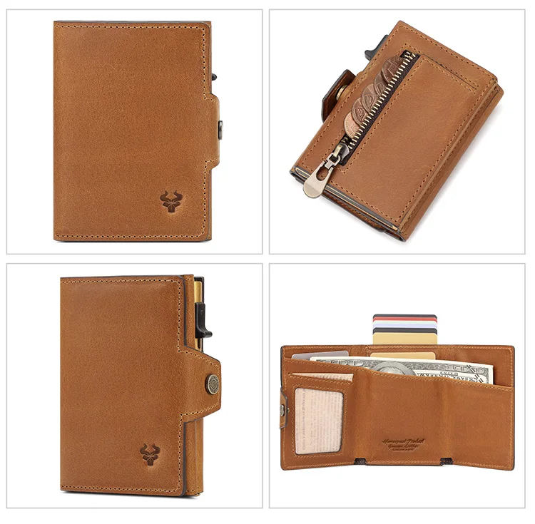 HUMERPAUL Herren-Kartenhalter mit Geldfach, Crazy Horse-Leder, Pop-Up, minimalistische Geldbörse, RFID-blockierendes, schlankes Bankkartenetui aus Metall – Detail 14