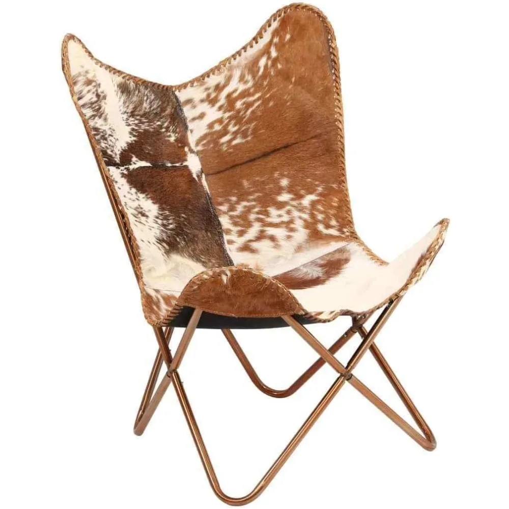 

Home Decor Genuine Goat Leather Butterfly Arm Chair with Black/Brown White Hair on Cover (White and Brown with Ross Gold)