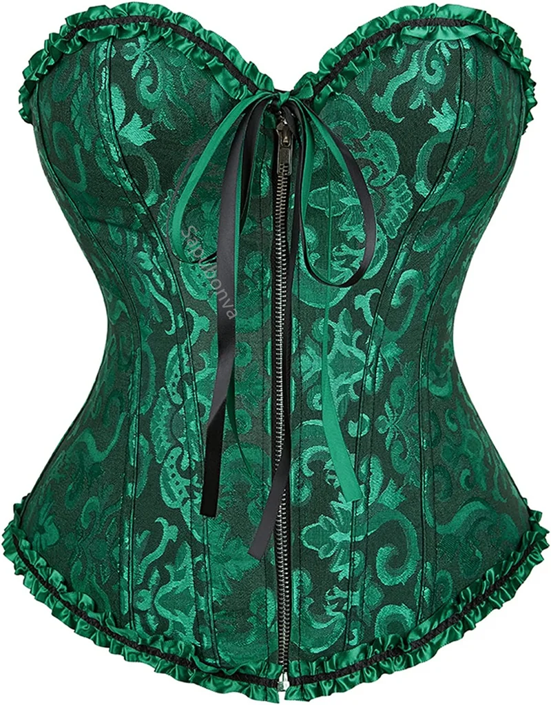 Sapubonva Green Corset Top Bustier Top Sexy Women Brocade Zipper Vintage Style Corselet Overbust Ladies Renissance DropShipping