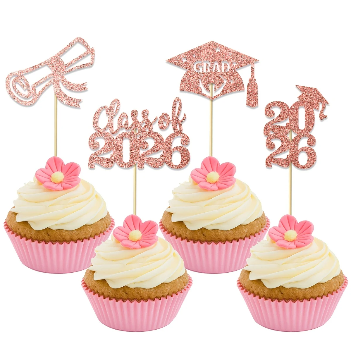 12 Peças de Topos de Bolo de Formatura 2026, Palitos Temáticos de Festa de Formatura com Diploma e Capelo, Decorações para Celebração de Festa de Formatura