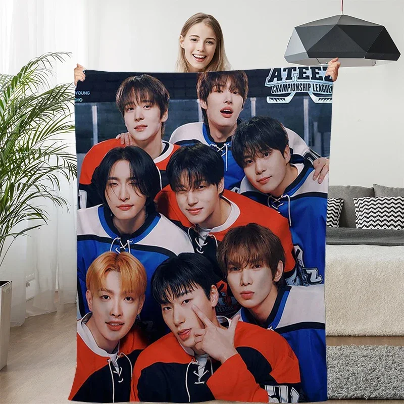 Flannel Blanket Sofa A-Ateezs Kpop Warm Knee Bed Fleece Camping Fluffy Soft Blankets for Winter Microfiber Bedding King Size