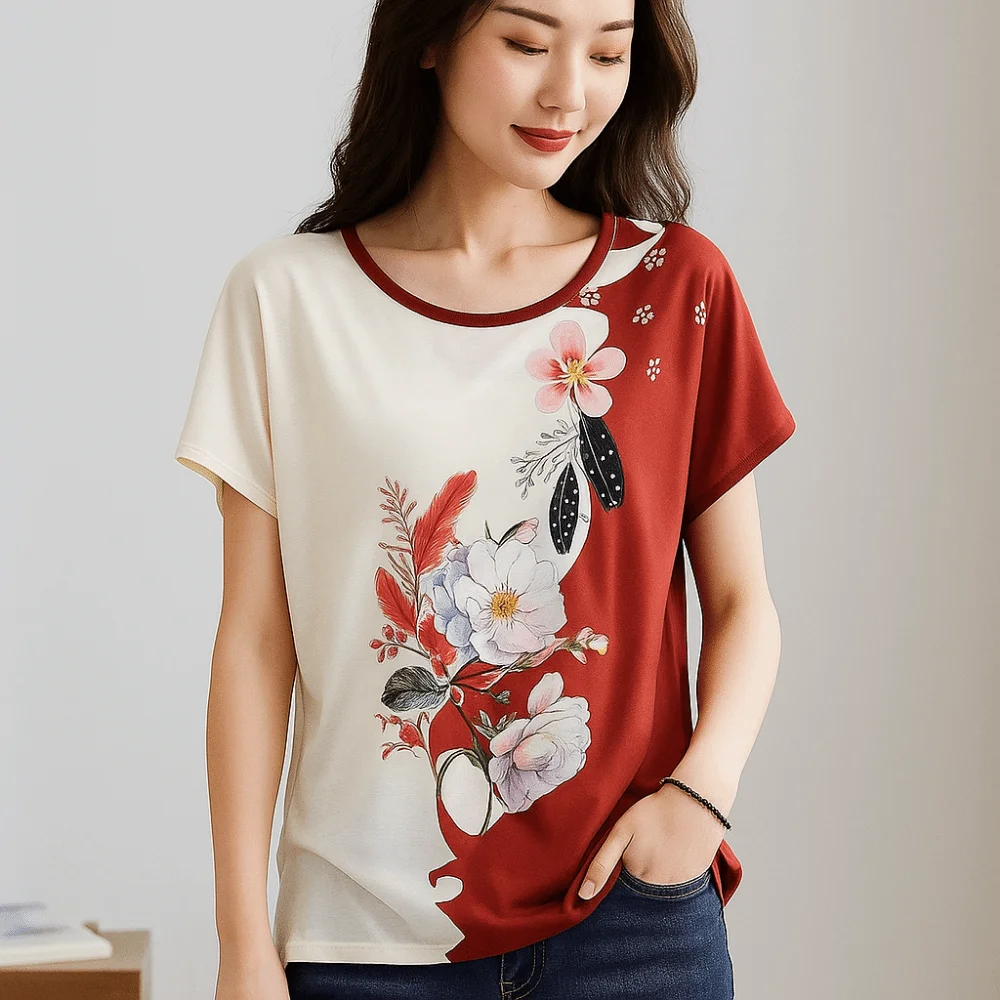 เสื้อผ้าสไตล์วินเทจพิมพ์ลายดอกไม้ คอทรงกลม ผ้าไหมซาตินหลวมสบายสำหรับผู้หญิง เสื้อยืดแขนสั้น 3 ขนาด