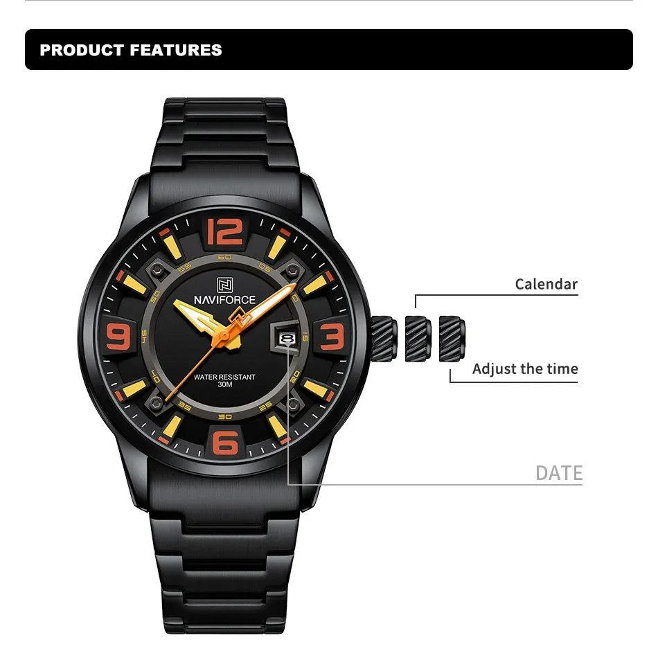 NAVIFORCE Brand Men's Wristwatch Luxury Business Calendar Quartz Watch Stainless Steel Strap Fashion Luminous Clock Reloj Hombre