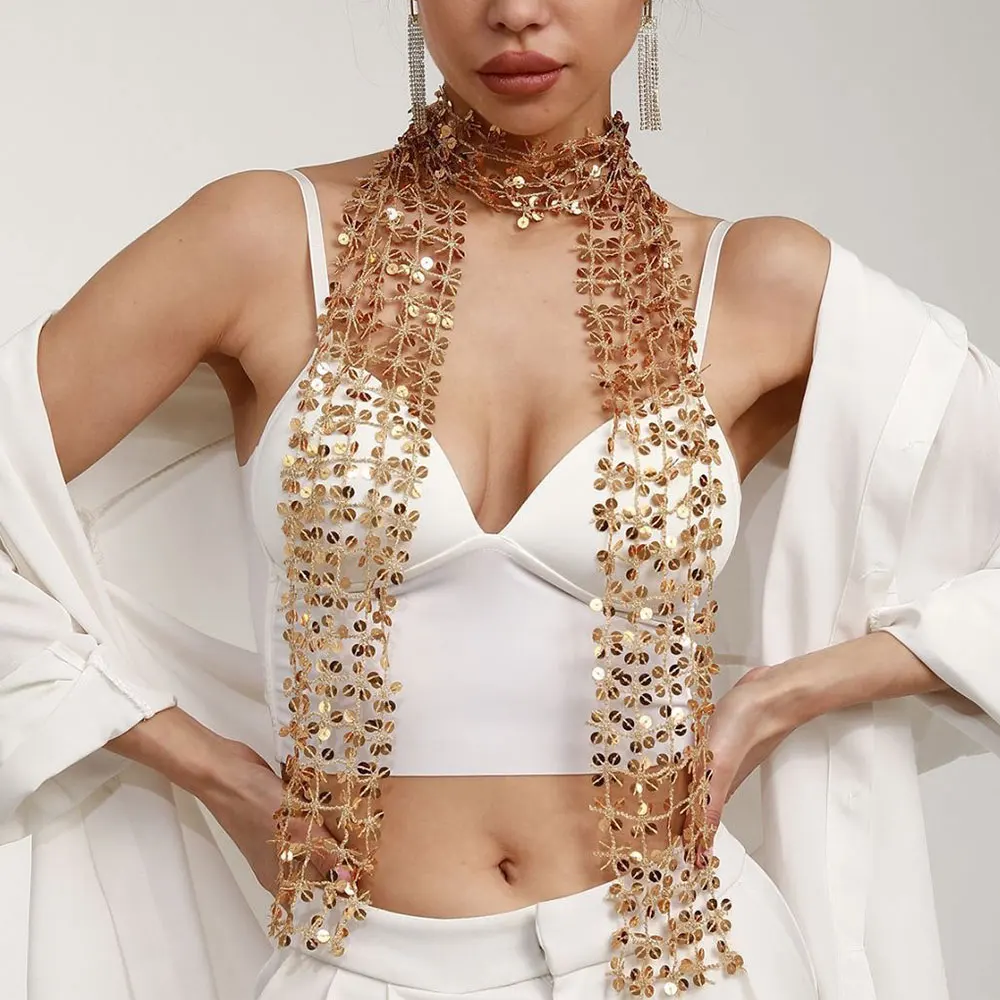 Sexy Long Thin Glittering Bling Sequins Women Scarf Neckerchief Sexy Neck Collar Necklaces Scarf Party Belly Dancing Scarf